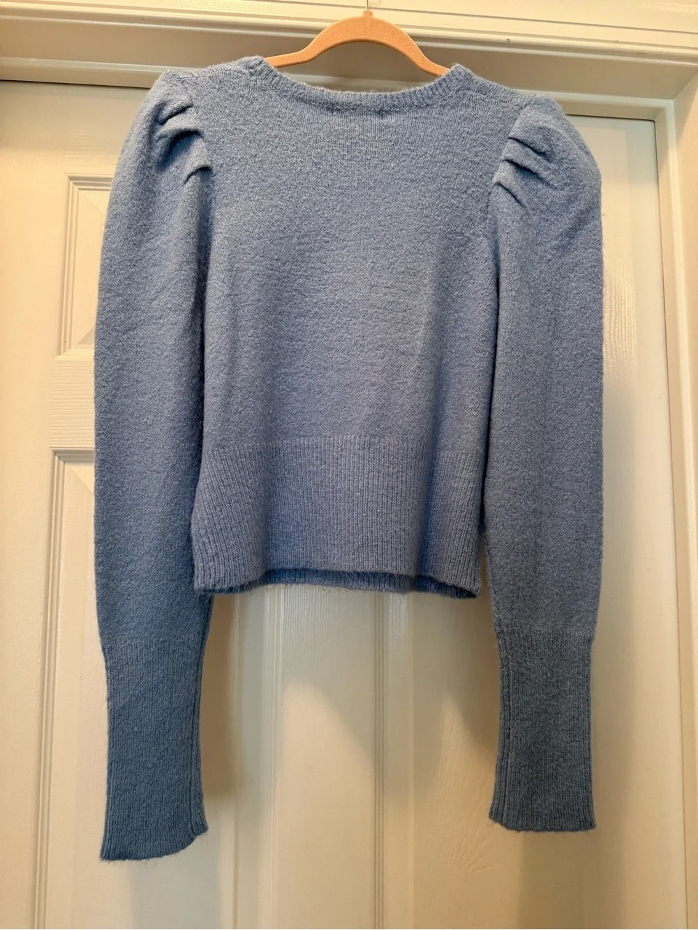 Light Blue V-Neck Puff-Sleeve Sweater